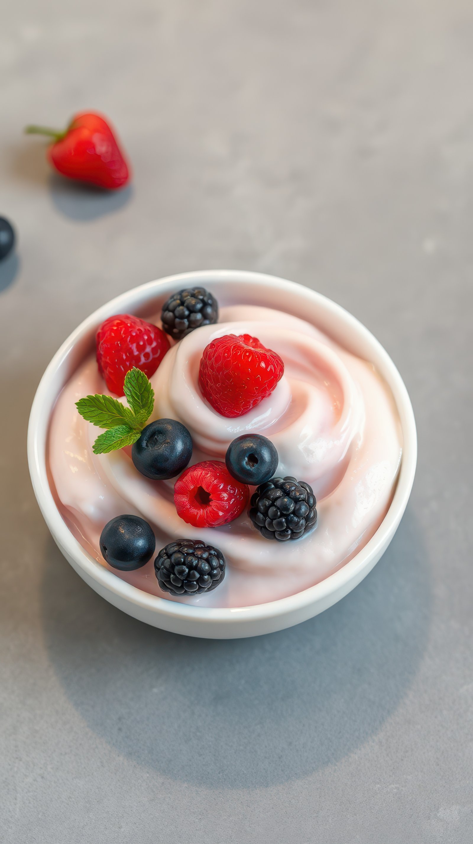 Creamy yogurt topped with fresh berries served in a bowl